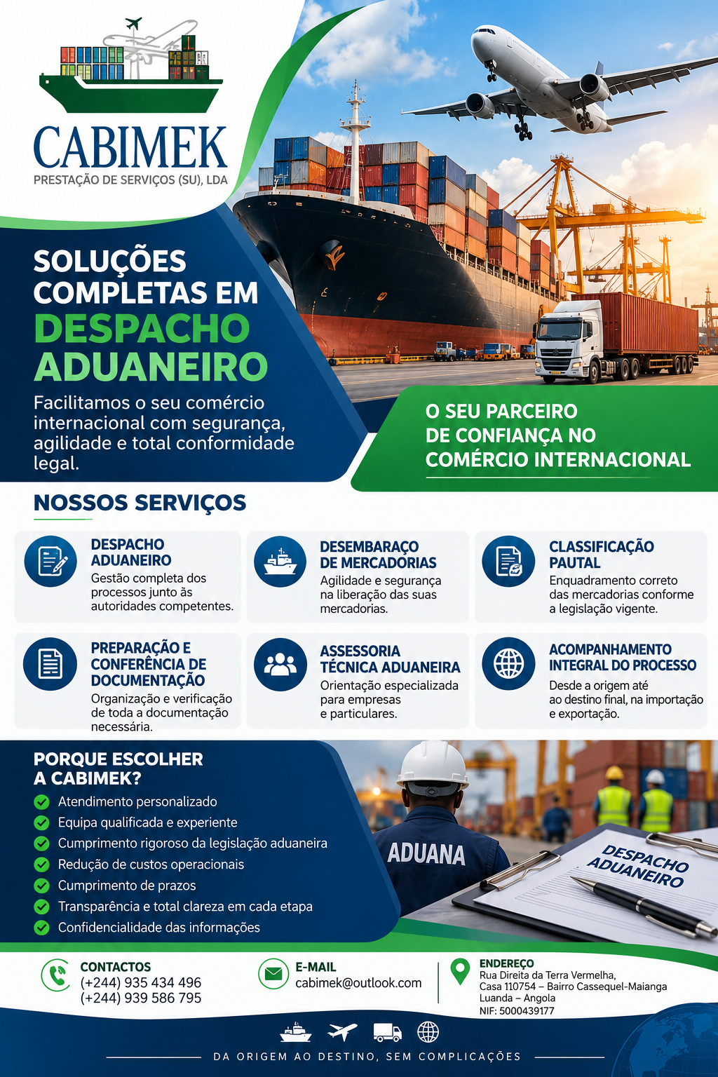 Navio de carga, avião e operações logísticas no cartaz CABIMEK